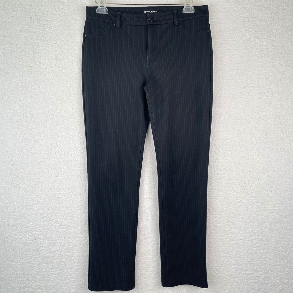 DKNY Jeans Womens Black Pinstripe Slim Leg Trousers Size Medium - Picture 2 of 11